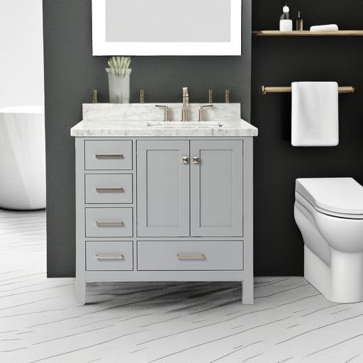 ARIEL Cambridge 36-inch Bathroom Vanity with Sink,Solid Wood, 1.5-inch Italian Carrara Marble Countertop, Single Rectangular Porcelain Sink, 2 Soft Closing Doors, 5 Dovetail Drawers, Grey