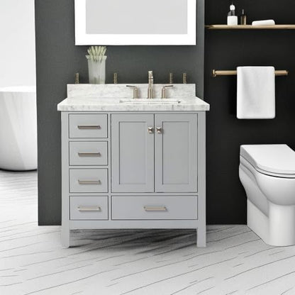 ARIEL Cambridge 36-inch Bathroom Vanity with Sink,Solid Wood, 1.5-inch Italian Carrara Marble Countertop, Single Rectangular Porcelain Sink, 2 Soft Closing Doors, 5 Dovetail Drawers, Grey
