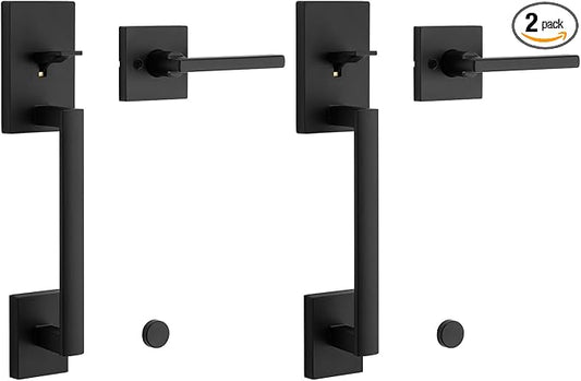 Kwikset San Clemente Front Door Handle No Lock,Entry Handleset Exterior with Interior Reversible Handed Lever,Non-Locking,Matte Black,Deadbolt Not Included,with Microban Protection,(Pack of 2)