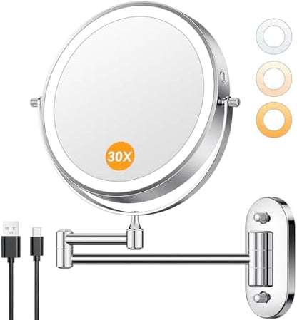 Auxmir 1X/30X Wall Mounted Makeup Mirror, 8" Rechargeable Magnifying Mirror