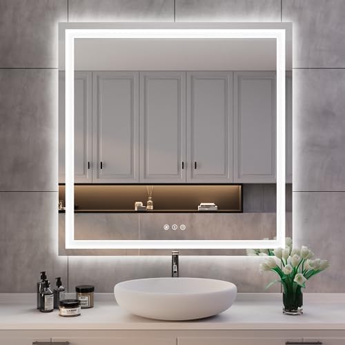 ISKM 38x38 LED Mirror for Bathroom, Front and Back Lit, Anti-Fog, Dimmable