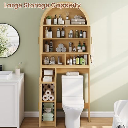 Itaar Arched Over The Toilet Storage Cabinet, 78.7" H Fluted Bathroom Organizer with Reversible Side Cabinet, Adjustable Shelves, Anti-Tipping, Hooks & Paper Holder for Bathroom Laundry Room, Oak
