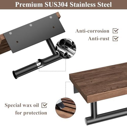Tindbea Toilet Paper Holder with Wood Shelf, Wooden Wall Mount Tissue Paper Roll Holder, Matte Black Stainless Steel Bathroom Accessories Decor Household Home Apartment Restroom Essentials (Walnut)