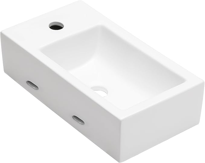Small Bathroom Sink - 18"x10" Wall Mount Rectangular Ceramic Vessel Sink White Porcelain Floating Vanity Sink for Tiny Bathrooms with Faucet & Drain Combo (Right Hand Bowl Options)