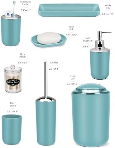 IMAVO Bathroom Accessories Set,Blue Bathroom Set,9 Pieces Bathroom Accessory Set,Tray,Qtip Holders,Toilet Brush,Trash Can for Bathroom Décor and Home Gifts