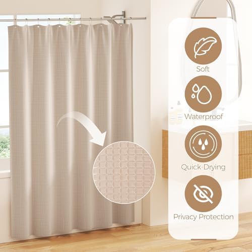 Bathroom Accessories Set - Beige Bathroom Set with Shower Curtain and Rugs, Trash Can, Toilet Brush with Holder, Soap Dispenser, Toothbrush and Toothpaste Holder, Cup, Soap Dish, Qtip Holders, Hooks