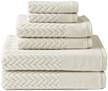 Texere 100% Organic Cotton Jacquard 650 GSM Premium Bath Towel Sets - Extra Absorbent Quick Dry and Plush, 2 Large Bath Towels, 2 Hand Towels, 2 Washcloths (Cable, Birch, 6 Piece)