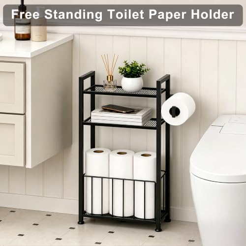 Black Free Standing Toilet Paper Holder Stand with Shelf and Roll Storage