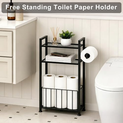 Black Free Standing Toilet Paper Holder Stand with Shelf and Roll Storage
