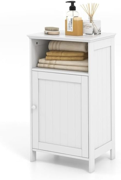 LDAILY Bathroom Cabinet, Freestanding Small Cabinet with Door, 3-Position Adjustable and Removable Shelf, Anti-Tipping Device, Wooden Floor Organizer for Bathroom, Kitchen, Office (White)
