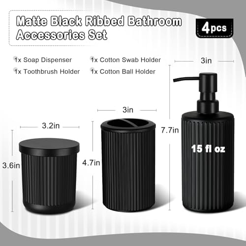 KASUNTING Matte Black Bathroom Accessories Set, 4 Pcs Glass Bathroom Accessory Set, Soap Dispenser, Toothbrush Holder, Qtip Holder Set, Bathroom Sets Complete, Bathroom Sink Set for Modern Home Decor