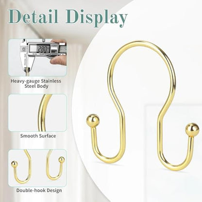Goowin Shower Curtain Hooks, 12 Pcs Shower Curtain Rings, Stainless Steel Shower Curtain Hangers, Gold Shower Curtain Hooks Rings Rust Proof, Minimalist Shower Hooks for Shower Curtain, Gold