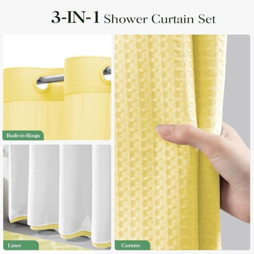 Dynamene Yellow Hook Free Waffle Shower Curtain & Snap Fabric Liner,72x81