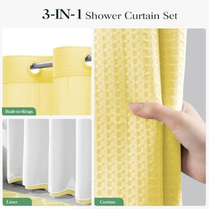 Dynamene Yellow Hook Free Waffle Shower Curtain & Snap Fabric Liner,72x81