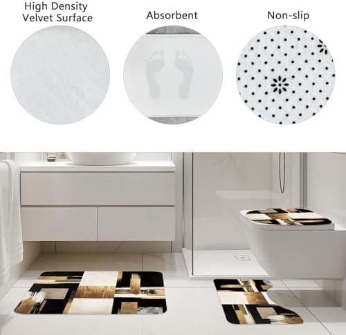 Black Gold Abstract Modern Oil 4Pcs Bathroom Shower Curtain Set with Rugs