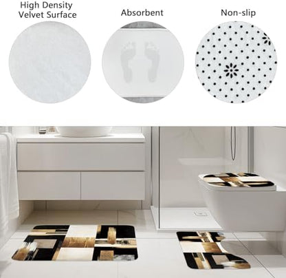 Black Gold Abstract Modern Oil 4Pcs Bathroom Shower Curtain Set with Rugs