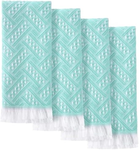 HunnmingRe 4 Pack Boho Hand Towel for Kitchen, Teal,White