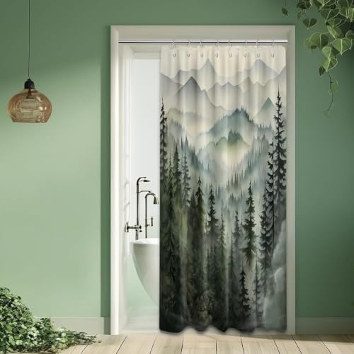 Sage Green Forest Stall Shower Curtain, 48X72 in Narrow Small, Mountain
