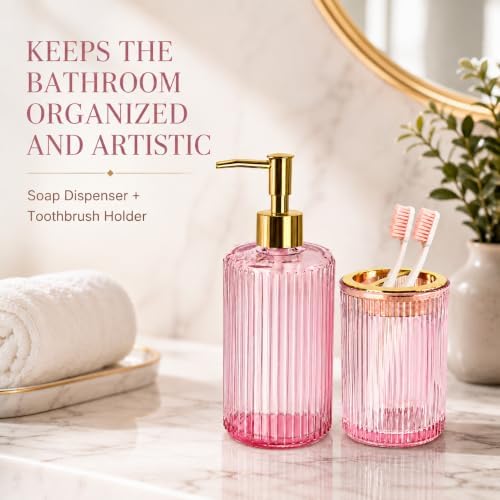 Pink Glass Bathroom Accessories Set, Soap Dispenser and Toothbrush Holder