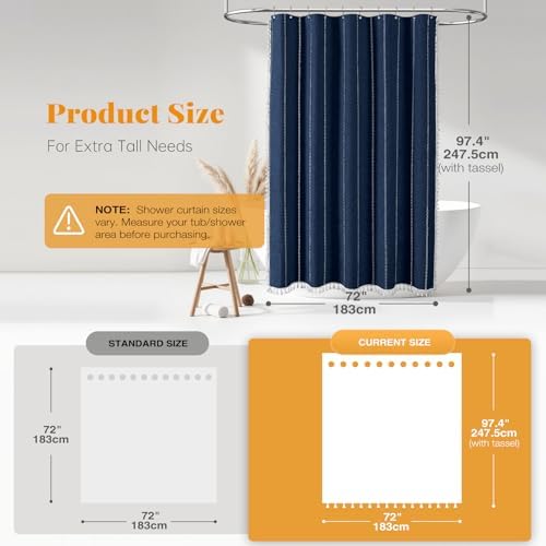 BTTN 72x96 Extra Long Boho Linen Heavy Duty Shower Curtain Set, Navy Blue