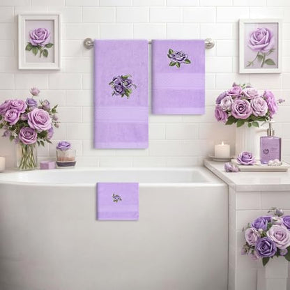 3 Pcs Rustic Purple Roses Bathroom Towel Set Farmhouse Embroidered Purple Roses Towels Vintage Decorative 100% Cotton Bath Towel Highly Absorbent Elegant Summer Decor Set for Bathroom