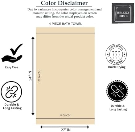 Belizzi Home 4 Pack Bath Towel Set 27x54, 100% Ring Spun Cotton, Ultra Soft Highly Absorbent Machine Washable Hotel Spa Quality Bath Towels for Bathroom, 4 Bath Towels Light Grey