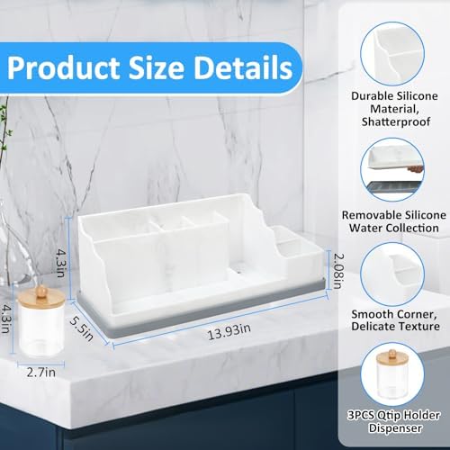 Bathroom Counter Organizer, Large White Silicone Toothbrush Holders for Bathrooms with 3PCS Qtip Holder, Bathroom Organizer Countertop Toothbrush and Toothpaste Holder for Makeup Organizer for Vanity