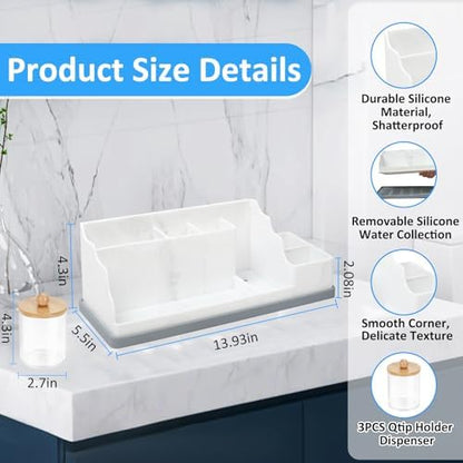 Bathroom Counter Organizer, Large White Silicone Toothbrush Holders for Bathrooms with 3PCS Qtip Holder, Bathroom Organizer Countertop Toothbrush and Toothpaste Holder for Makeup Organizer for Vanity