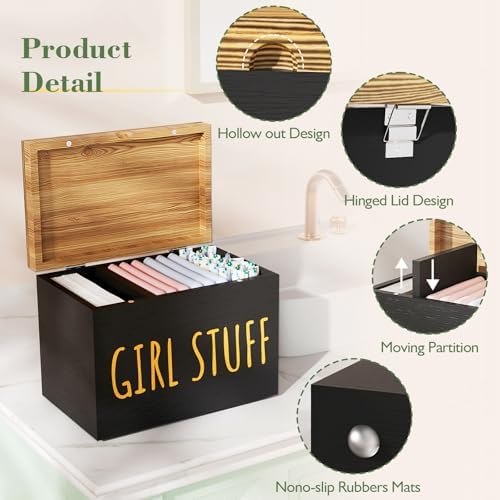 Wooden Tampon Holder, Matte Black, Hinged Lid Organizer