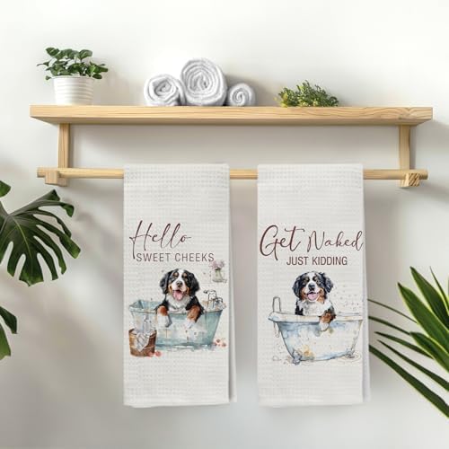 Funny Bernese Mountain Dog Hand Towels, Hello Sweet Cheeks Bathroom Decor, Bernese Mountain Dog Gifts Decorative Hand Towels for Bathroom Washroom Restroom, 16x24 Inch Set of 2
