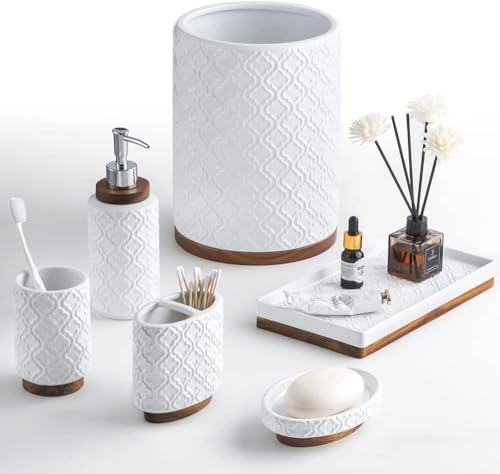 RQYIXI Ceramic Bathroom Accessories Set,Cream White,6 Piece,Embossed Design