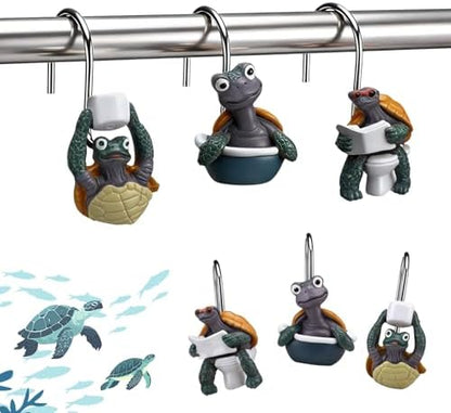 Amyhill 12 Pcs Turtle Shower Curtain Hooks Decorative Funny Turtle Shower Curtain Rings Stainless Steel Resin Sea Theme Bathroom Decor Suitable for Home Bedroom
