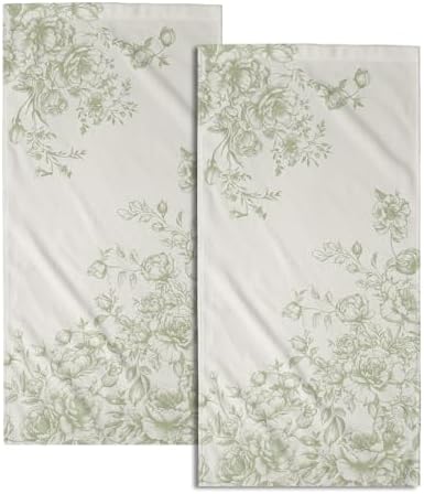 French Country Flowers Hand Towels Set of 2, Green Chinoiserie Vintage Floral Absorbent Dish Towel Tea Towels for Farmhouse Bathroom Kitchen Cleaning and Decor 14x28 Inch