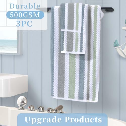 VOOVA & MOVAS Waffle 3PC Towel Set, Cotton, Navy Grey Green White
