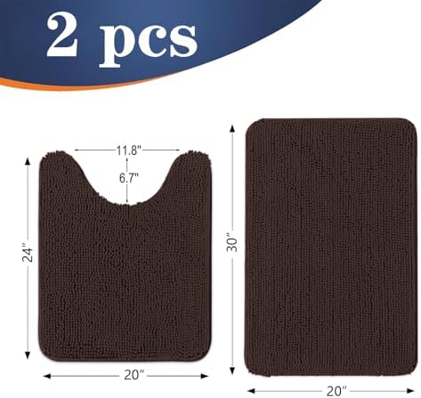 OLANLY Chenille Bathroom Rugs Mats Sets 2 Piece, 30"x20"+24"x20", Brown
