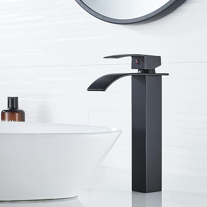 VOTON Vessel Sink Faucet Matte Black Modern Tall Waterfall Bathroom Sink Faucet Single Handle Bathroom Faucet 1 Hole Bowl Lavatory Vanity Faucet, Rv Sink Camper Farmhouse Bathroom Faucet