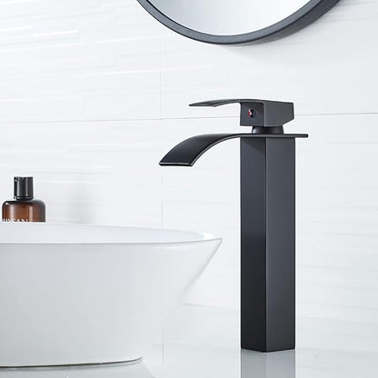 VOTON Vessel Sink Faucet Matte Black Modern Tall Waterfall Bathroom Sink Faucet Single Handle Bathroom Faucet 1 Hole Bowl Lavatory Vanity Faucet, Rv Sink Camper Farmhouse Bathroom Faucet