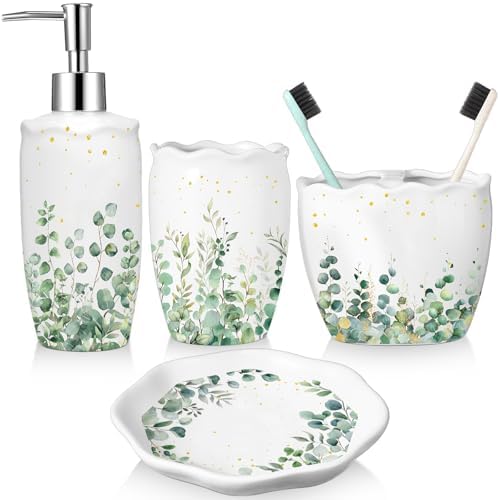 Newtay Sage Bathroom Accessories Set 4 Piece, Ceramic Soap Dispenser with Pump, Toothbrush Holder, Tumbler Cup & Soap Dish, Botanical Greenery Countertop Decor, White with Gold Speckles