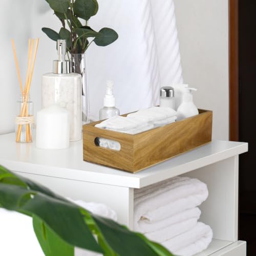 ALELION 15 Inch Acacia Wood Bathroom Storage Basket with Handles, Toilet Paper Basket for Back of Toilet Tank Top, Wooden Organizer Tray for Bathroom Countertop, Vanity, Kitchen, Pantry, Laundry Room