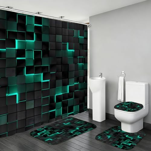 LQCOOL 4Pcs Green Shower Curtain Set 3D Cubes Bathroom Sets Modern Shower Curtain Set for Bathroom Sets with Rugs Black and Green Shower Curtain with 12 Hooks