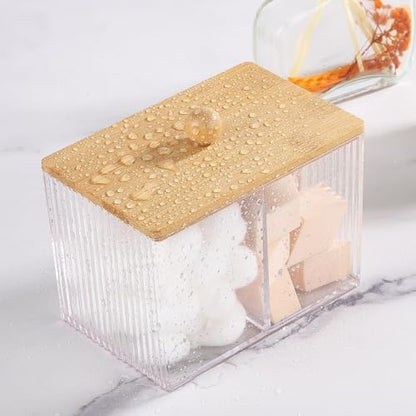 Qtip Holder with Bamboo Lids, 3 Compartments Cotton Ball/Swabs Dispenser, Apothecary Jar Clear Plastic Bathroom Container for Storage and Organizer