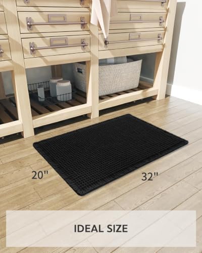 tchdio Waffle Bath Mat Rug, Super Absorbent Non Slip Bath Mats Ultra Soft Bathmat Machine Washable Bathroom Rugs with Tassels, Bath Rugs for Bathroom Floor Beside Tub, 20" x 32", Black