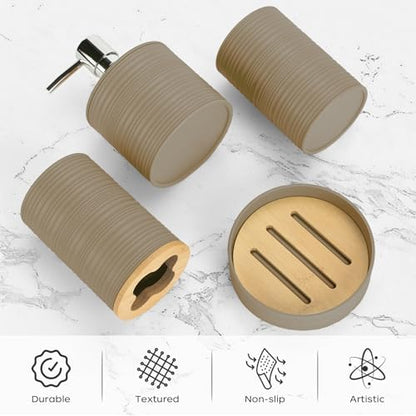 4PCS Beige Bathroom Set, Soap Dispenser, Dish & Bamboo Holder, Rustic