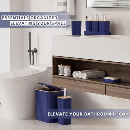 XLHOMO Bathroom Accessories Set - Elegant Blue Bathroom Set, 10PC Bathroom Accessory Set, Toilet Brush, Trash Can, Qtip Holder Dispenser & Soap Dispenser