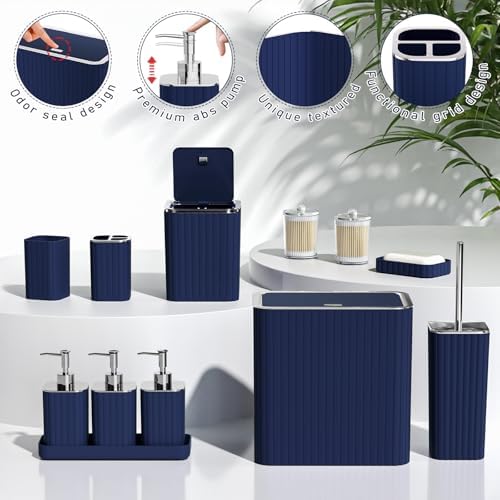 Bathroom Accessory Set - Bathroom Set, 27PC Bathroom Accessories Set, Navy Blue Bathroom Sets with Shower Curtain and Rugs, Mini Trash Can, Toilet Brush, Trash Can & Soap Dispenser