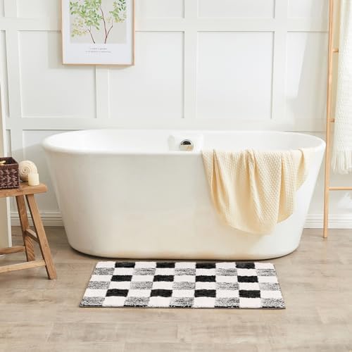 CozeCube Jet Black Checkered Bath Mat 47"x24" Non Slip Washable Rug