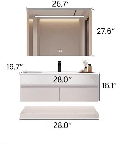 28" Modern Bathroom Vanity Set with LED Mirror, Seamless Design with Ceramic Sink & Quartz Countertop, Paint-Free Multi-Layer Solid Wood Cabinet, Soft-Close Doors, White‌