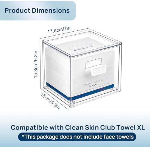 Vtopmart Disposable Facial Towels Holder,Clear Storage Drawer Compatible with Clean Skin Club Towel XL,Acrylic Box Hold 50 Count,Stylish and Functional Bathroom Accessory for Coutertop Organization
