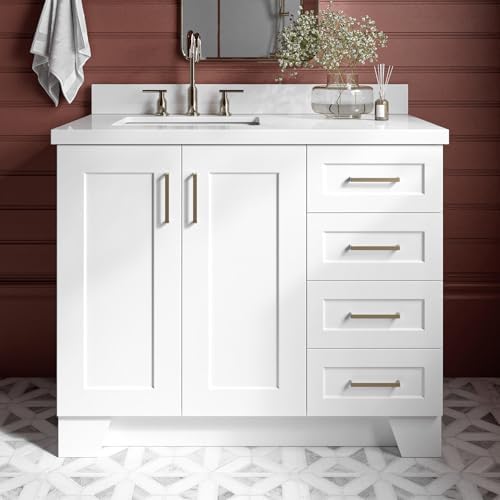ARIEL Taylor 42-inch Bathroom Vanity with Sink,Solid Wood, 1.5-inch Pure White Quartz Countertop & Backsplash, Single Rectangular Porcelain Sink, 2 Soft Closing Doors, 5 Dovetail Drawers, White