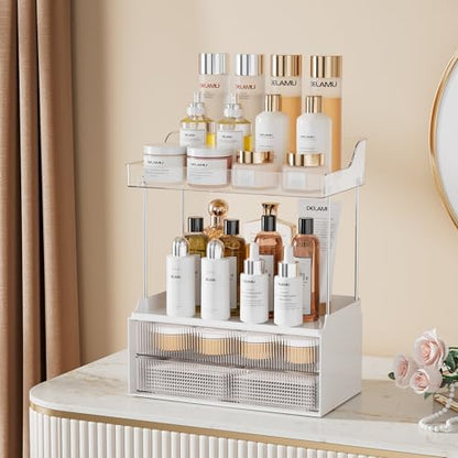 Delamu 4-Tier Makeup Organizer, Bathroom Counter Storage, 2 Drawers,Clear